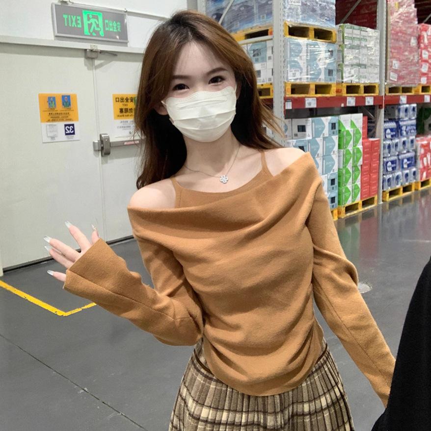 

Core-spun yarn, Spice Girls stacked collar sling knitted sweater, short slim-fitting women s autumn and winter warm sweater One size