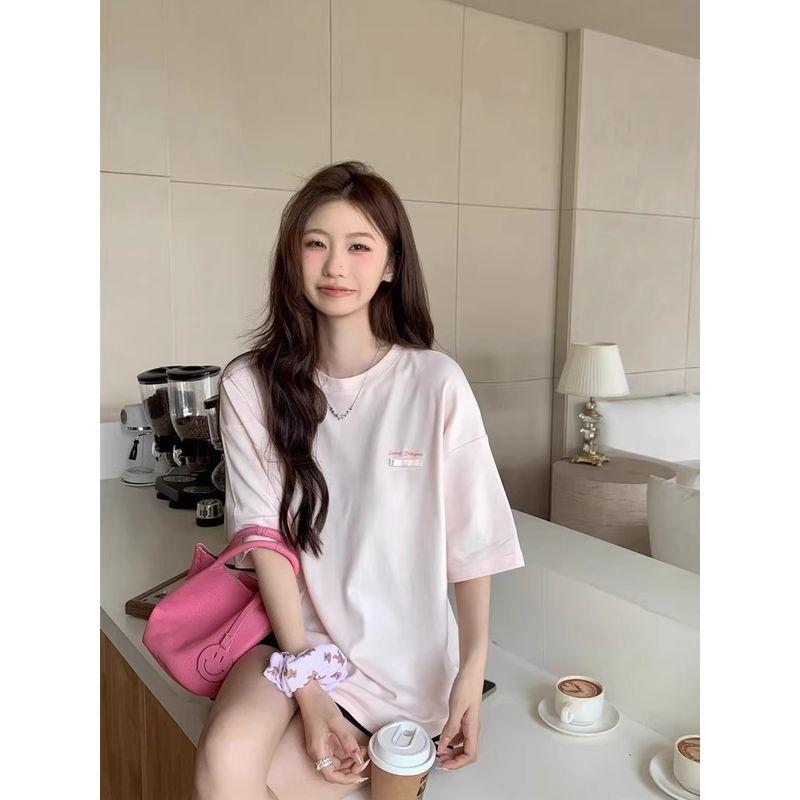 Kumikumi Sweet Cartoon Print Short sleeve T-shirt Women Summer Niche Casual Loose Pink round Neck Top