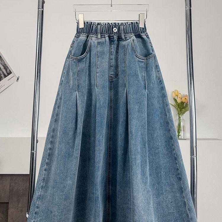 Gonna Lunga in Denim Taglie Forti Vita Alta Vita Elastica Extra Soffice per 170 Libbre Gonna a Matita a Svasatura Metà Corpo Autunnale da Donna