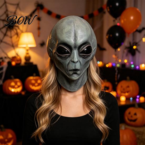 Detailed Alien Cosplay Accessory Halloween Grey Mask, Latex Full Head UFO Mask with Big Adult Costume Eyes, Soft Sci Fi Party Prop for Adults,