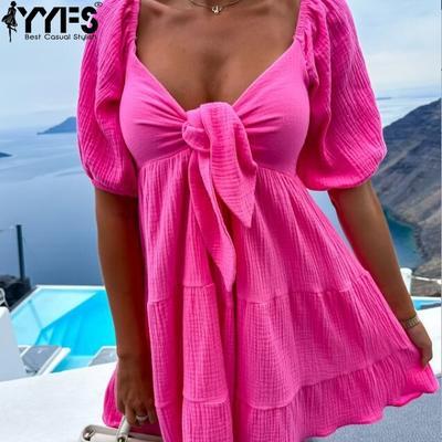 Women's Fashion Summer Spring Solid Color Print Short Sleeve V-Neck High Waist Casual Dresses