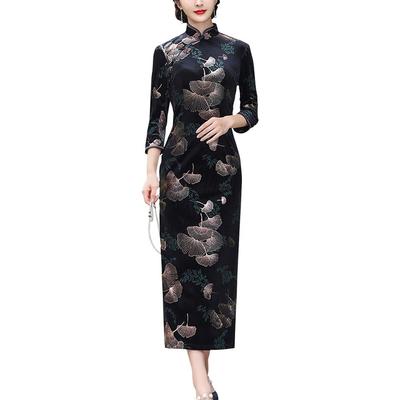 Sleeve Cheongsam Dress with Ginkgo Leaf Chinese Party Formal and Long, 3/4 Design, Velvet, Clothing, Slit, Dress, (Black Gold, L)