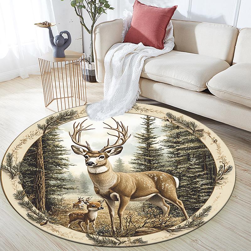 Deer Forest Round Area Rug,Carpet Rug for Living Room Bedroom Sofa Playroom Decor,Non-slip Floor Mat