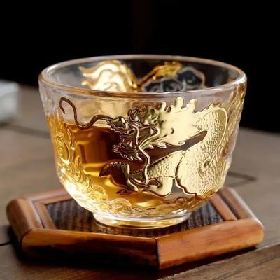 110ML Chinese Golden Dragon Auspicious Cloud Teacup Gold Painted Master Cup Crystal Transparent Glass Zen Kung Fu Tea Bowl