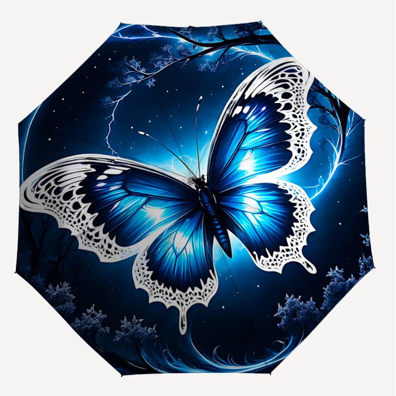 1 Stück Schmetterling Nacht Automatisches Öffnungs-/Schließschirm mit Winddichtigkeit, stabiles Dach mit 8 Speichen, langlebige Speichen, modisches Design, Outdoor-Accessoire, lustiger Prin