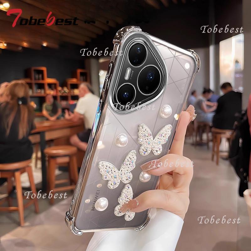 3D Pearl Butterfly Shockproof Plating Silicone Case for Huawei Pura 80 70 Ultra P60 P50 P40 P30 Lite Pro Transparent Back Cover