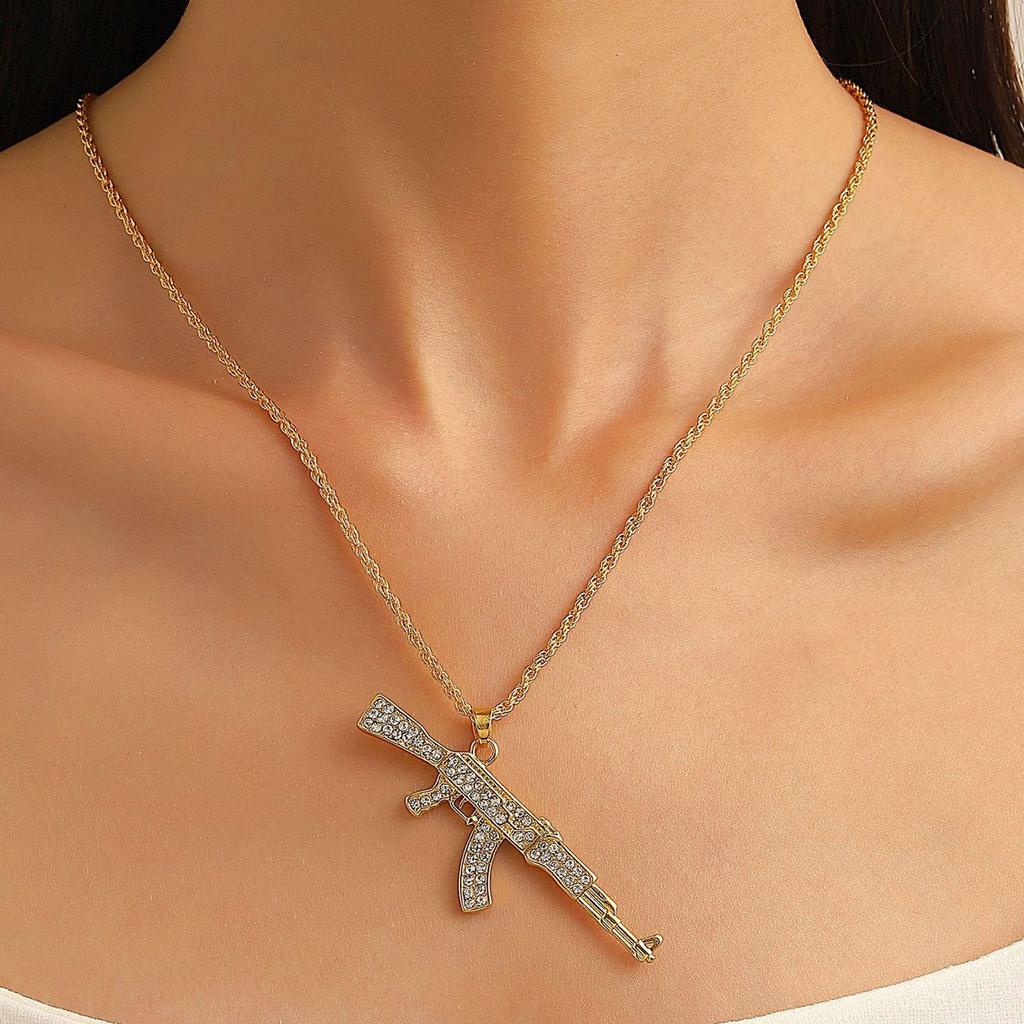 Trendy Assault Rifles Necklace with Premium Cubic Zirconia Stones for Unique Style Hipsters Streetwear Diamond Accessory