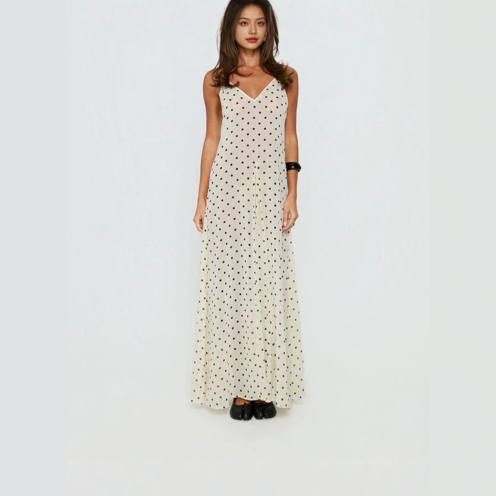 Women's French Polka Dot Spaghetti Strap Maxi Dress V Neck High Waist Elegant Vacation Long Dress