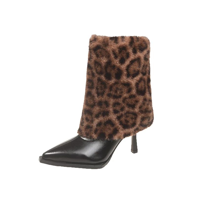 High Heeled Women's Boots 2025 New Leopard Print Fur Short Boots Fashionable and Sexy Pointed Thin Heel Mid Top Boots