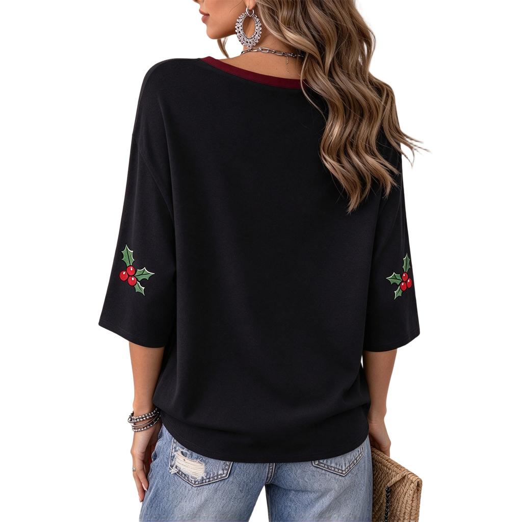 Women's Casual Christmas Animal Print V-Neck Pullover Top for Holiday Outfits
