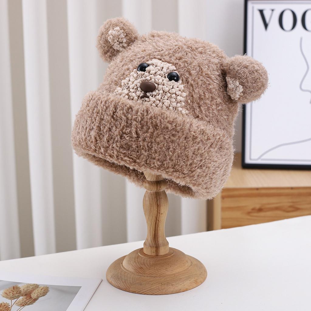 Cute Bear Warm Wool Hat Women'S Autumn And Winter Casual Thickened Velvet Knitted Hat Fashionable Cold Hat