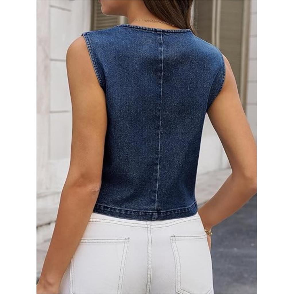 Womens Button Down Denim Vests Tops  Casual V Neck Cropped Jean Tank Tops
