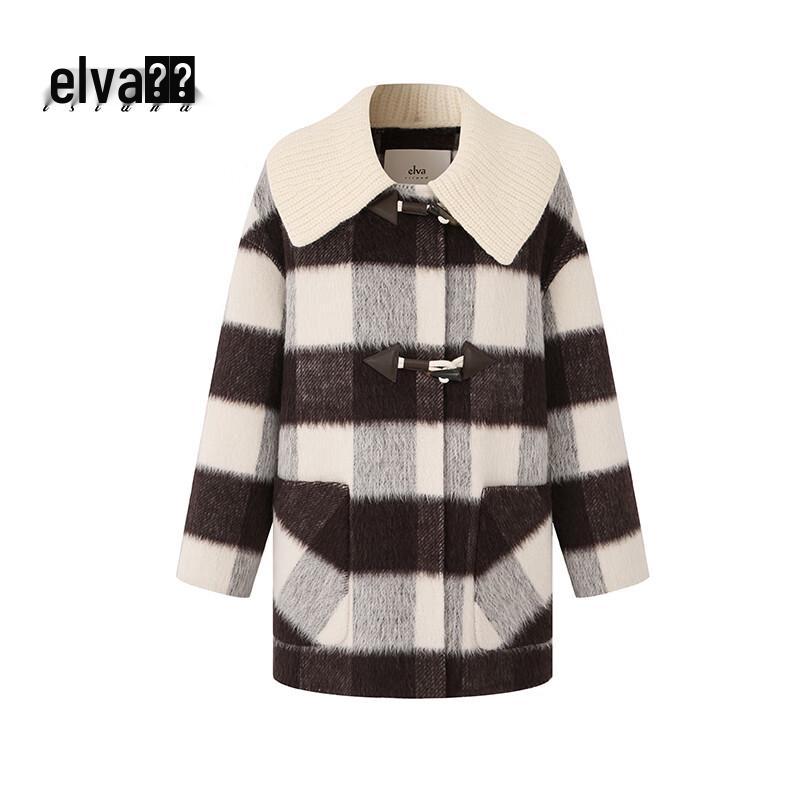 Elva' Island Women's Plaid Alpaca Wool Blend Thick Overcoat