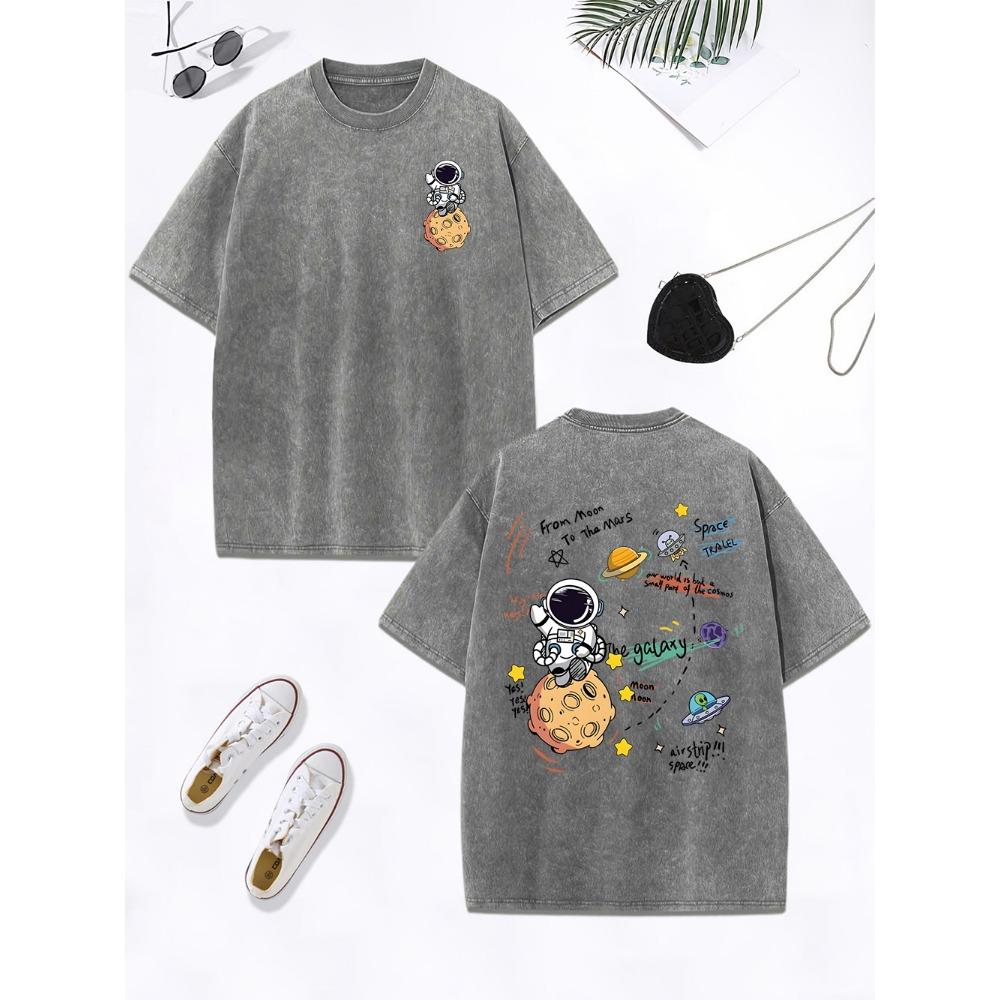 Cartoon Astronaut Space Adventure Prints Washed T-Shirt Womens Cotton Oversized Tops Distressed O-Neck T Shirt  Clothes