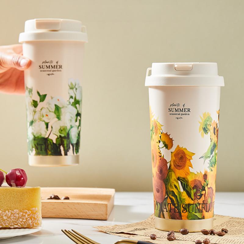 316 Stain Steel Thermos Cups 500ml Coffee Mug with Spoon Set of 3, Floral Ceramic Mug Gift Box for Birthday Wedding Christmas Valentine's Day