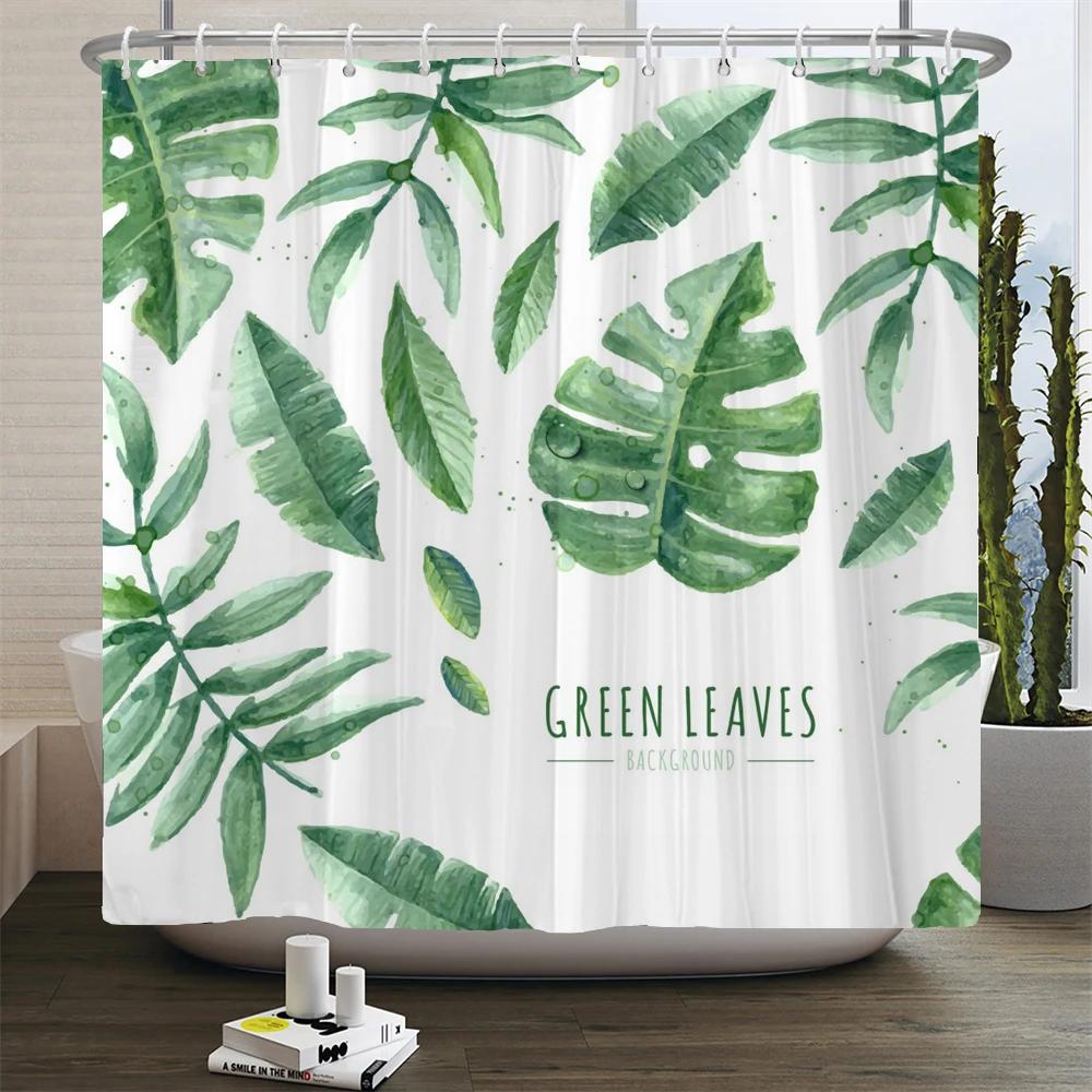 Green Plant Leaves Shower Curtains Bath Curtain Bathroom 3d Printed Fresh Waterproof Polyester Cloth With Hooks Home Decor Mat