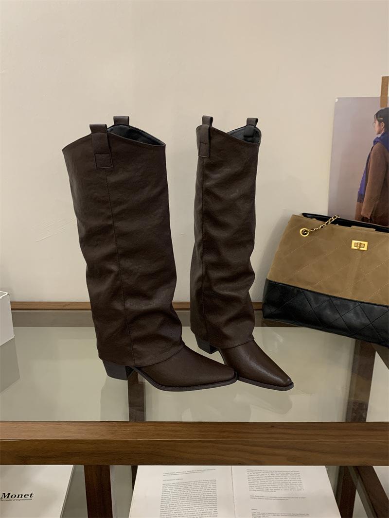 

Wasteland leather high-heeled trouser boots women s long black boots autumn and winter new thick-heeled pointed knight boots 35