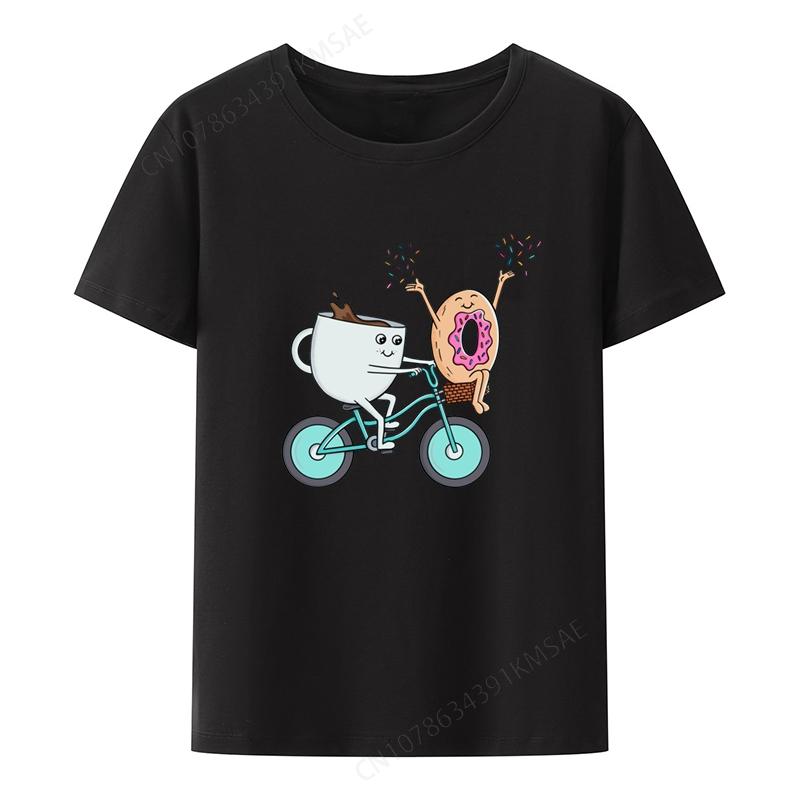 Coffee Donut and Bike Graphic Printing T-shirts Funny Tee Slim Women Clothing Leisure Aesthetic