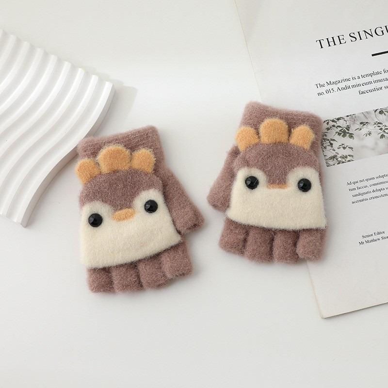 Half finger flip gloves children boys and girls cute cartoon plush warm and cold gloves children's gloves winter