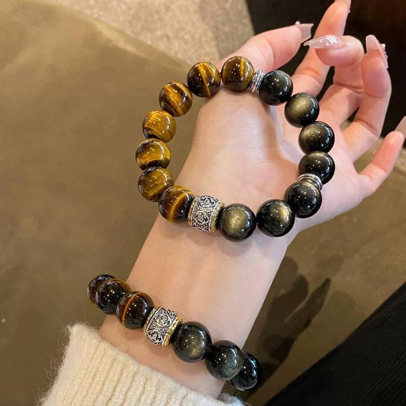 Yellow Tiger Eye & Gold Silver Obsidian Bracelet for Men - Attracts Wealth & Luck, Year of the Horse Crystal Beaded Gift for Boyfriend