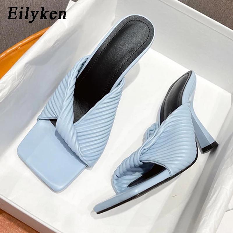 Summer Pleated Orange Women Slipper Fashion Slides Ladies Elegant Thin High Heel Square Toe Sandals Shoes