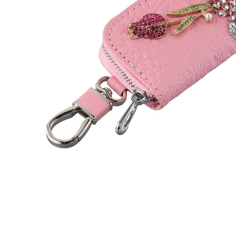 Flower Flower Remote Key Bag Leather Crystal  Keychains Key Cover  Car Accessories