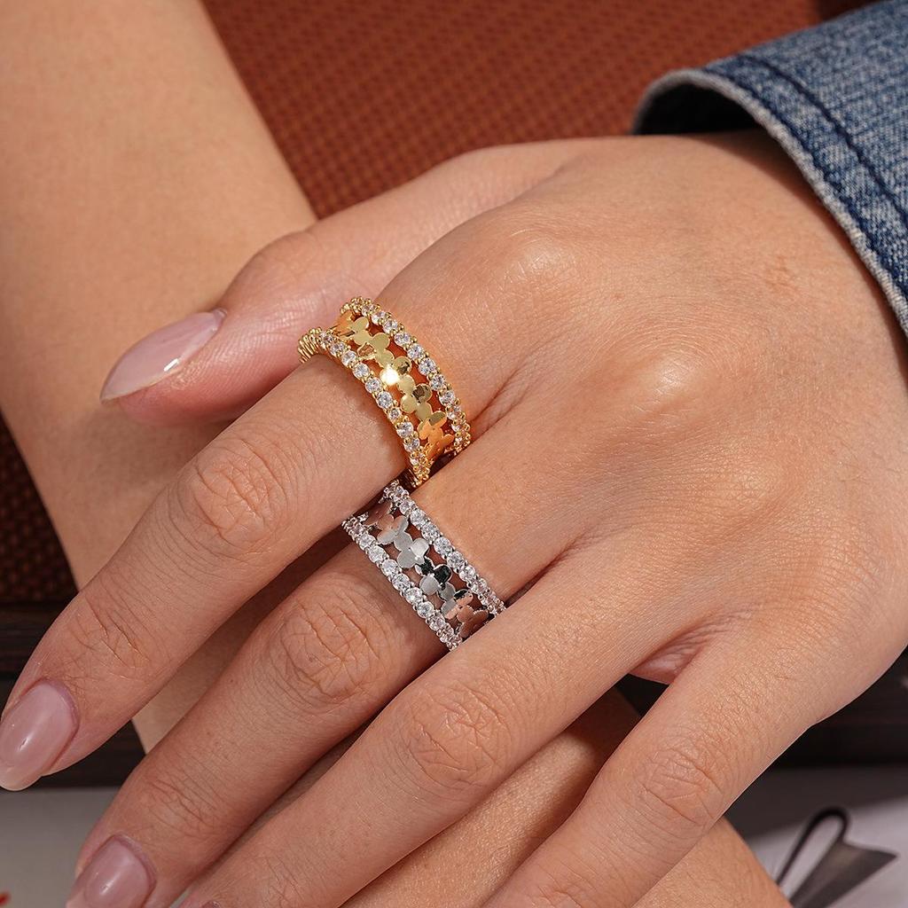 14K Gold Plated Luxury Zircon Double Layer Open Ring for Women