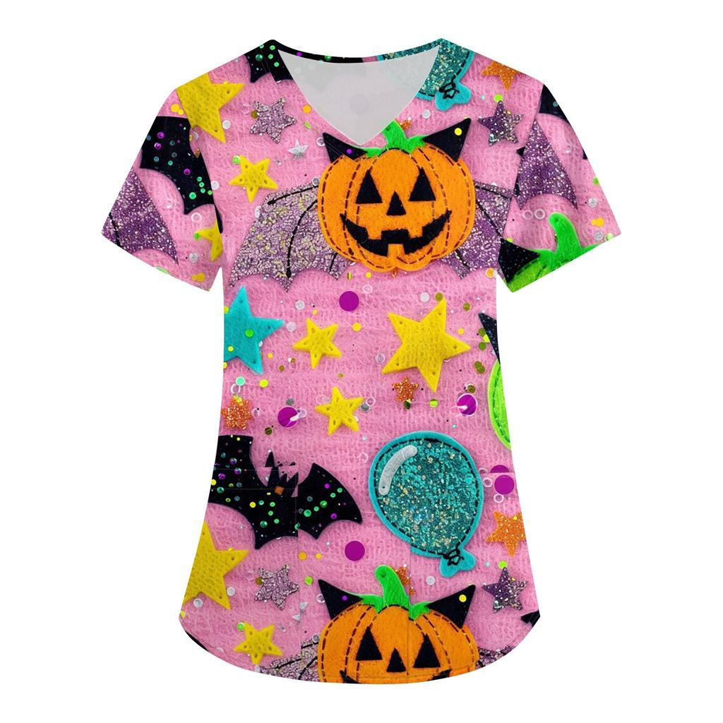 Women's Fashion Easter Printed Short Sleeve V-Neck Top Small Pocket Work T-Shirt