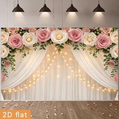 Pink Rose Curtain Wedding Tapestry, Floral Fairy Light Background Cloth, Romantic Party Backdrop