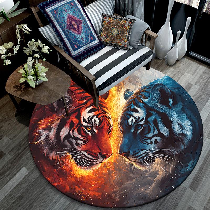 Yin Yang Tigers Round Area Rug,Carpet Rug for Living Room Bedroom Sofa Playroom Decor,Non-slip Floor Mat