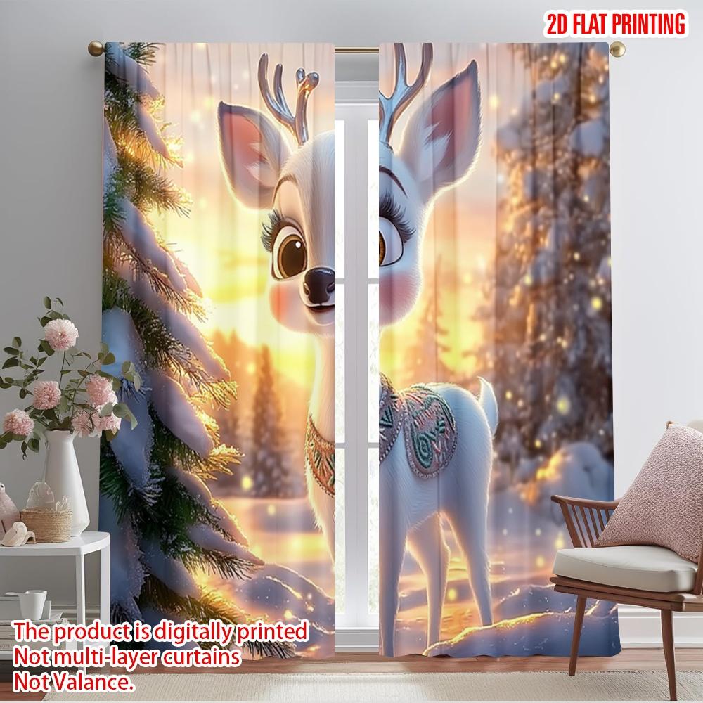 2pcs,2D Plane Printing Curtains Digital Printed Cute Christmas Reindeer Snow Scene Polyester Woven (without Rod) Festive Ldeal