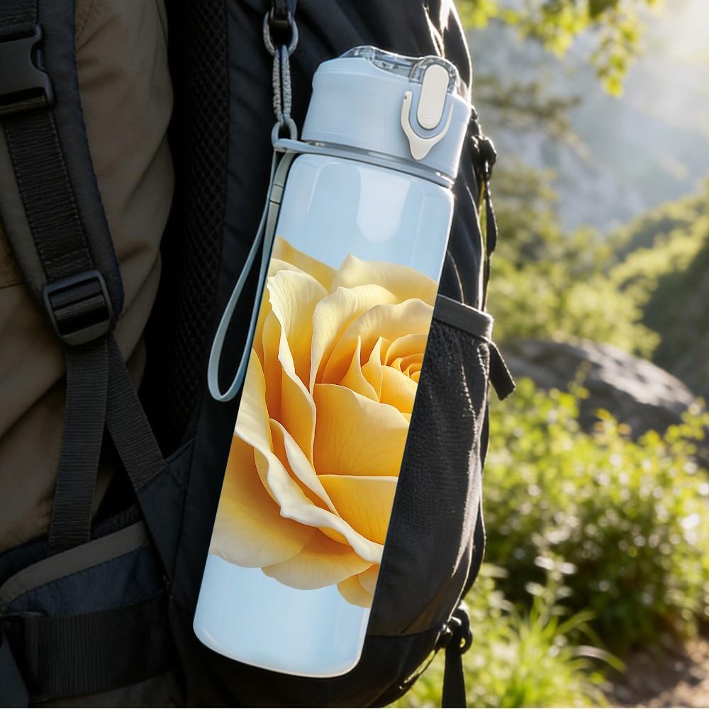 1PC Yellow Rose Flower Bloom Art Print 750ml Color Plastic Sports Water Bottle Leakproof Flip Straw Lid Suitable for Sports Office Home Use