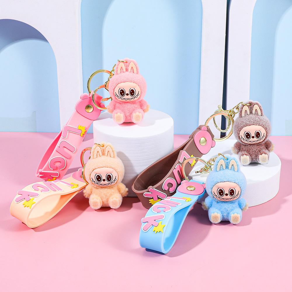 1Pc Labubu Flocked Rab Keychain Cartoon Doll Schoolbag Pendant Car Key Chain Small Gift