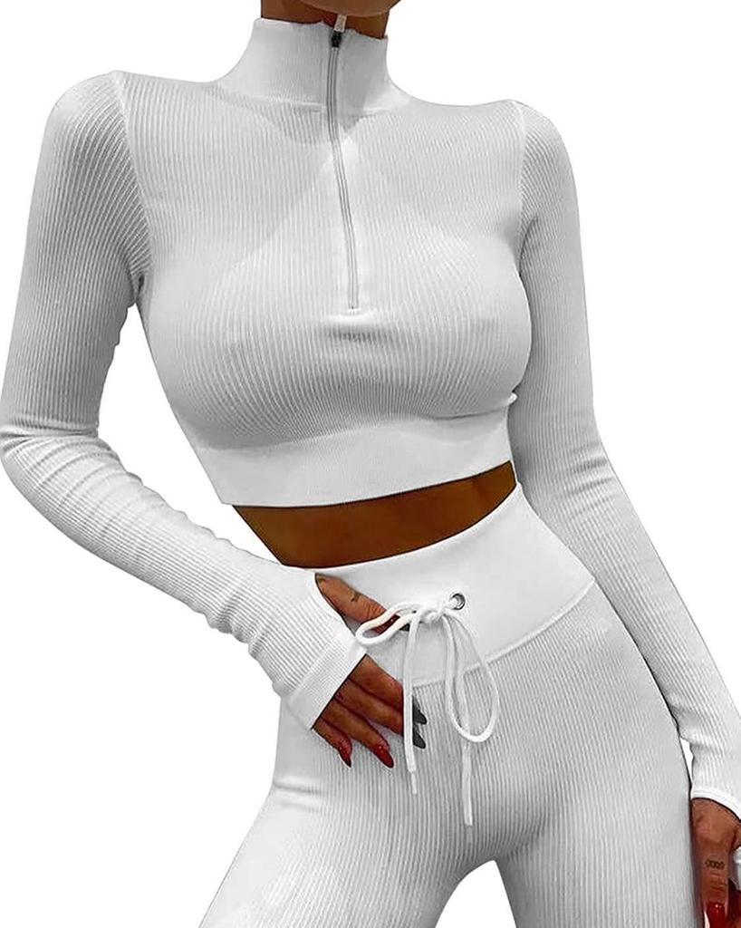 Ribbed Seamless Knitted Tracksuit: Crop Top & High Waist Butt Lift Yoga Pants, Long/Short Sleeve Options