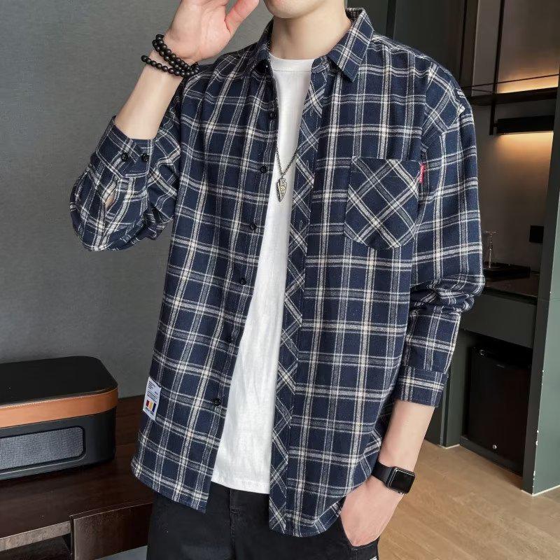 Herrskjorta i Hong Kong-stil med lång ärm och rutigt mönster - Casual vår/höst trendig lös passform jacka