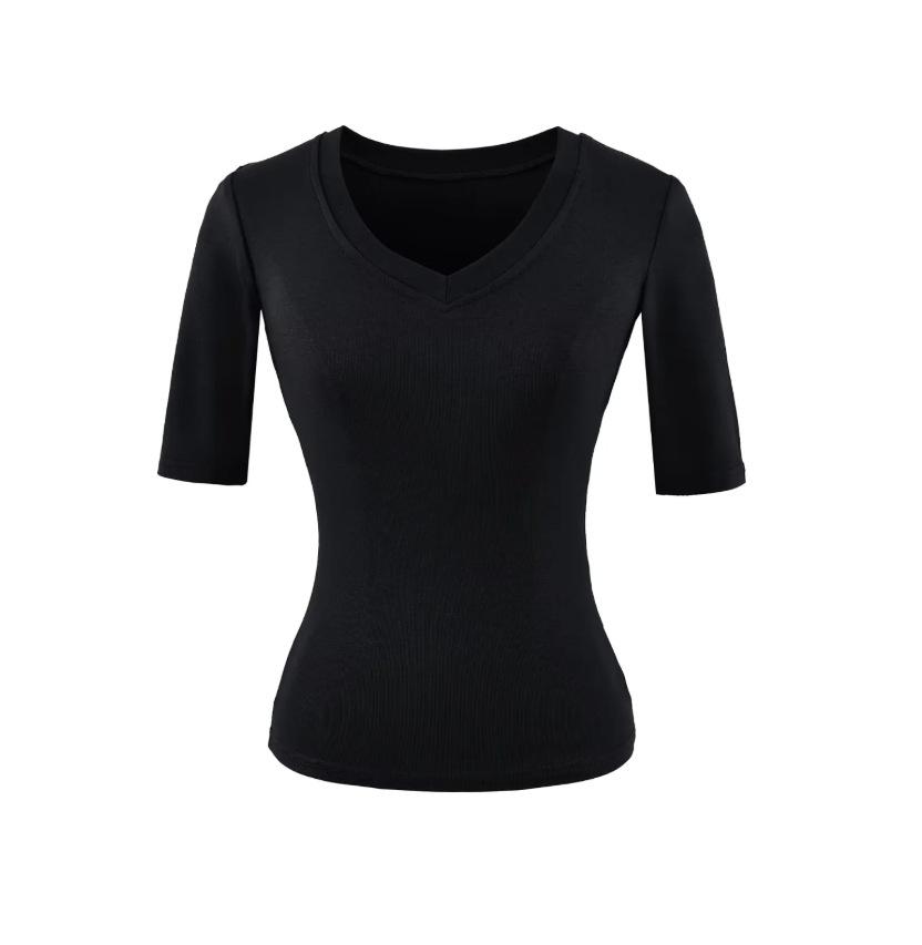 V-neck medium-sleeved T-shirt women's summer new American Spice Girl solid color slim-fitting and thin basic bottoming shirt top