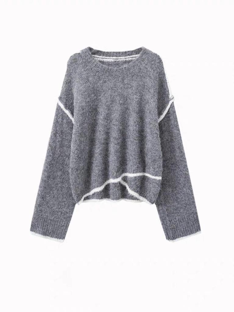 Women's Gray Crew Neck Sweater: 2025 Autumn/Winter New Design, Lazy Style, Loose Knit Pullover Top