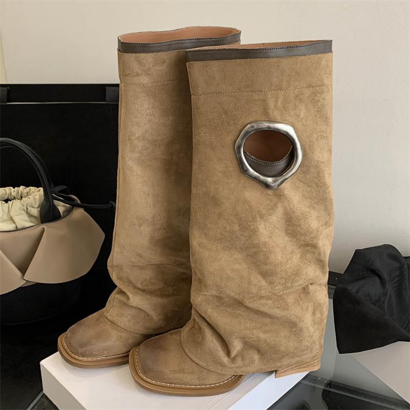 Fashion Eilyken Vintage Fashion Design Hollow Out Women Knee High Boots Round Toe Square Heels Female Shoes Botas De Mujer