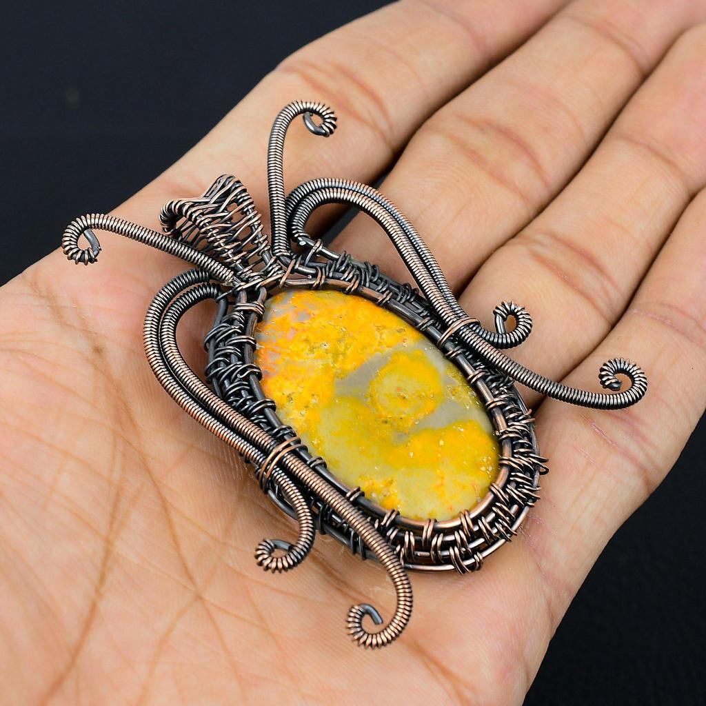 Butterfly Shaped Bumblebee Jasper Gemstone Pure Copper Wire Wrapped Handmade Pendant Jewelry Gift For Her