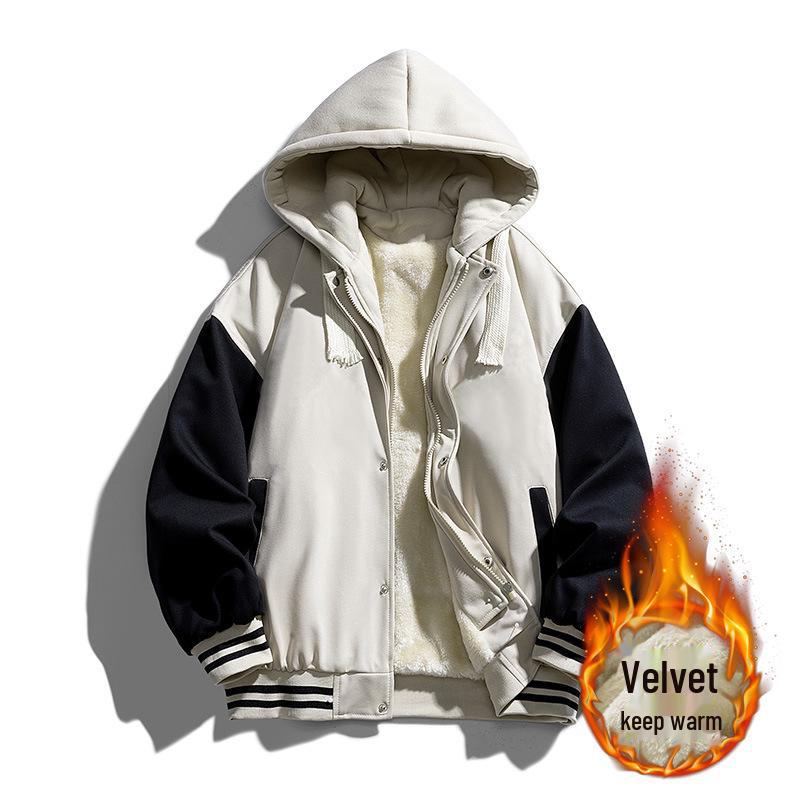 Men's Hong Kong Style Color Block Hooded Baseball Jacket - Trendy Brand, Faux Two-Piece, Plus Velvet Warmth, 2023 Edition