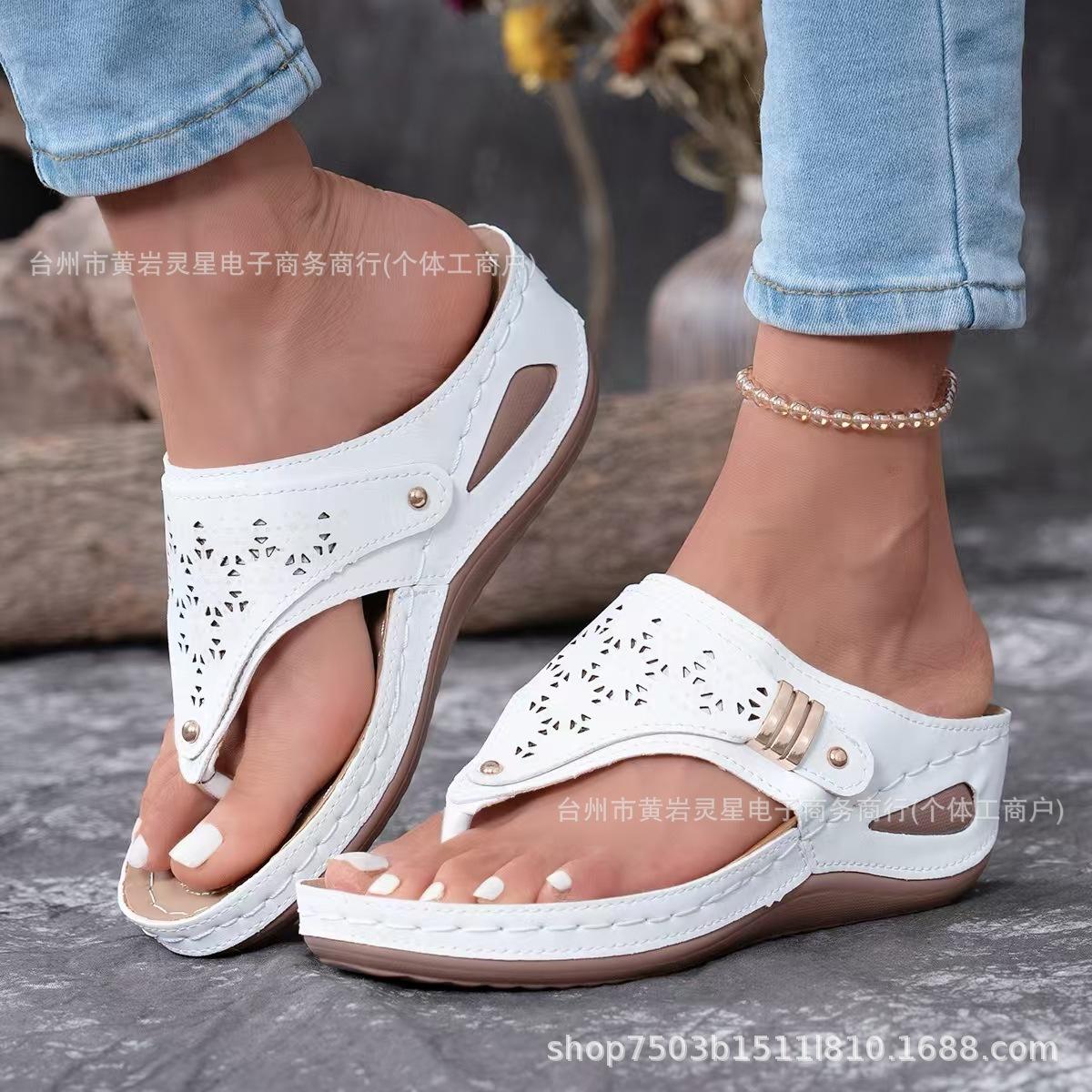 

Large size solid color summer new round head thick bottom fashion hollow out wear flip-flop sandals women 45 белый