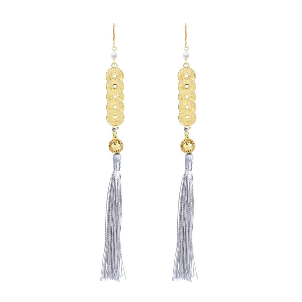 Chinese Style Five Emperors Coin Tassel Earrings for Women - Palace-Inspired Luxury Fashion Ear Hooks