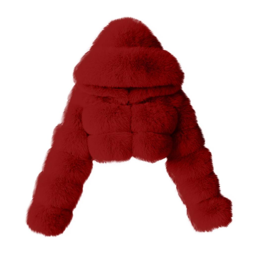 Kurtka damska modna, jednokolorowa, z długim rękawem i kapturem, pluszowa