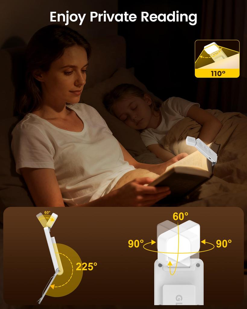 Glocusent Reading Light [2025 Edition] 12 LEDs, Rechargeable Book Light for Bed, Clip-on Light, 5 Color Temperatures and 5 Dimming Levels, 100 Hours