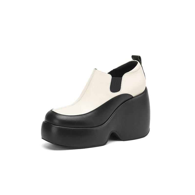 10CM ultra-high heel waterproof table color matching leather single shoes women's 2025 new round head thick sole wedge heel versatile loafers