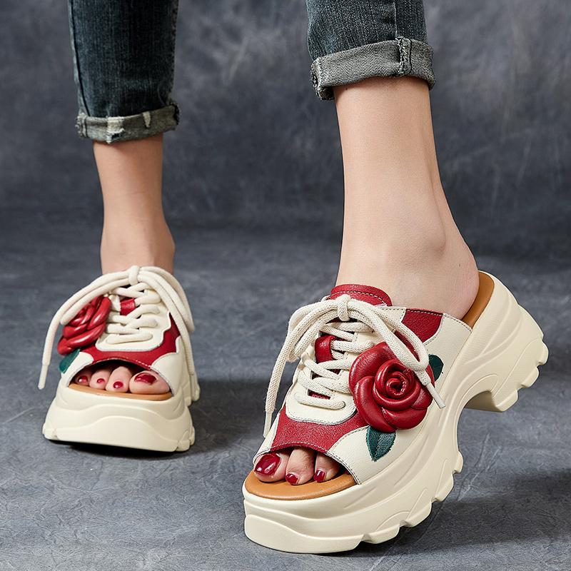 Mode GKTINOO Cuir Véritable Chaussures d'Été Femmes Pantoufles Compensées Extérieur Diapositives Loisirs 2025 Nouvelles Pantoufles Concises Faites Main pour Dames