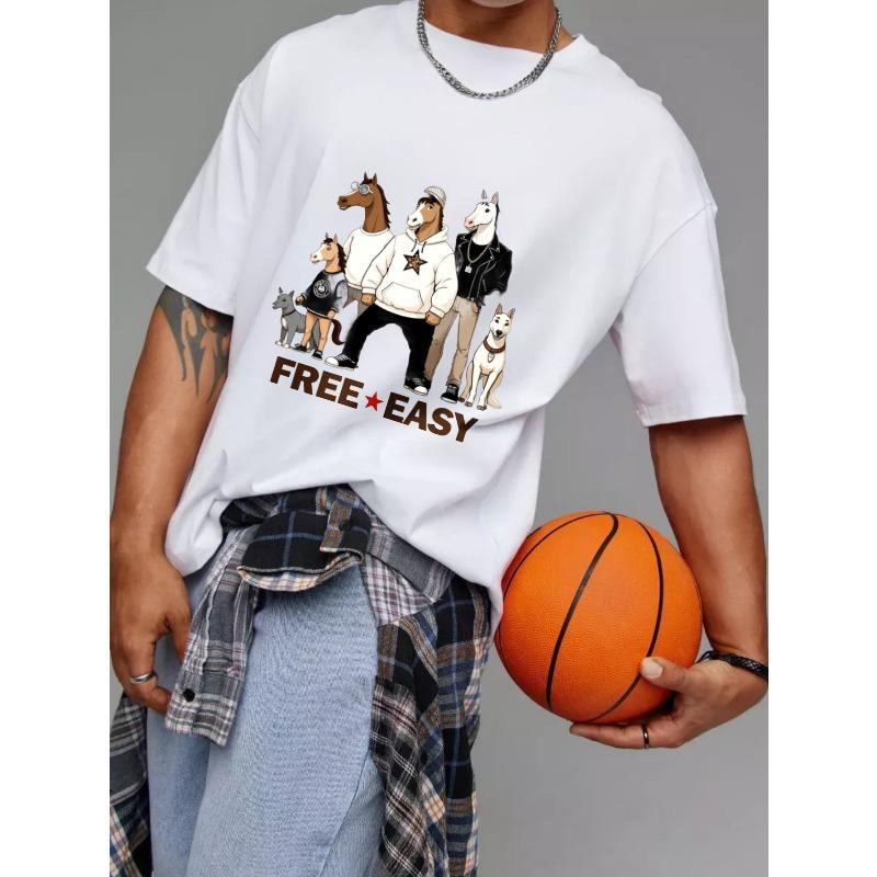 Cotton T Shirt White Horse and Dog Cartoon Print Free Easy Text Casual Wear for Men and Women Streetwear Fashion Summer Outfit