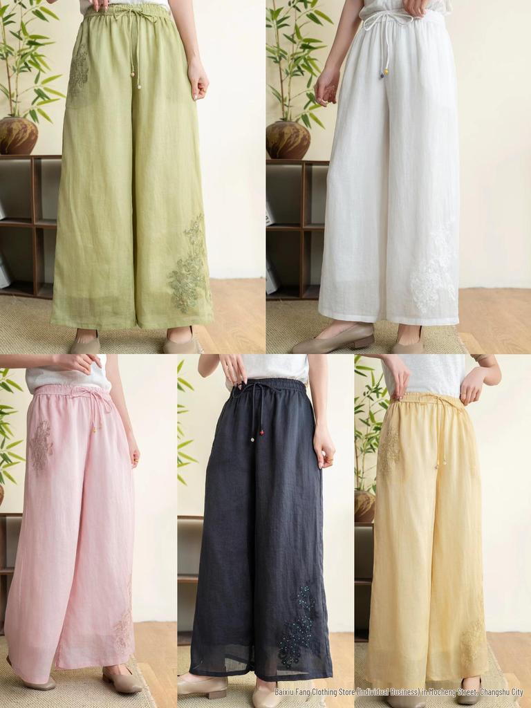 2026 Sommer Damen bestickte Leinen-Hose mit weitem Bein und Kordelzug
