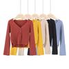V-neck New Knitted Cardigan Casual Women's Sweater Early Autumn Korean Version Loose Slim Fit Long Sleeved Jacket Short Solid Color Elegant Clothing