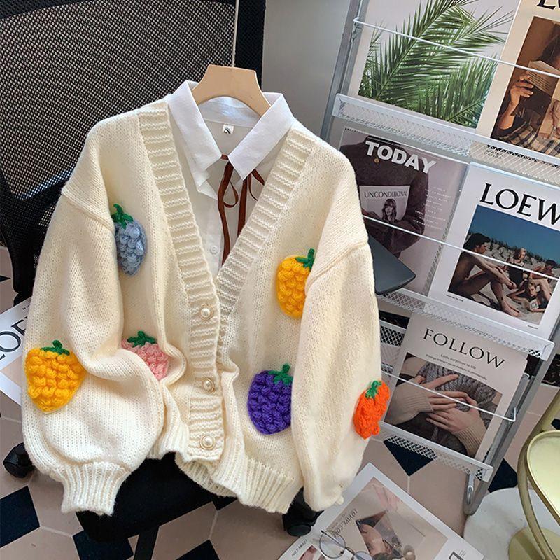 

Женский свитер на пуговицах с V-образным вырезом, красочный вязаный кардиган с клубникой, милый оверсайз топ, женская трендовая свободная одежда onesize бежевый